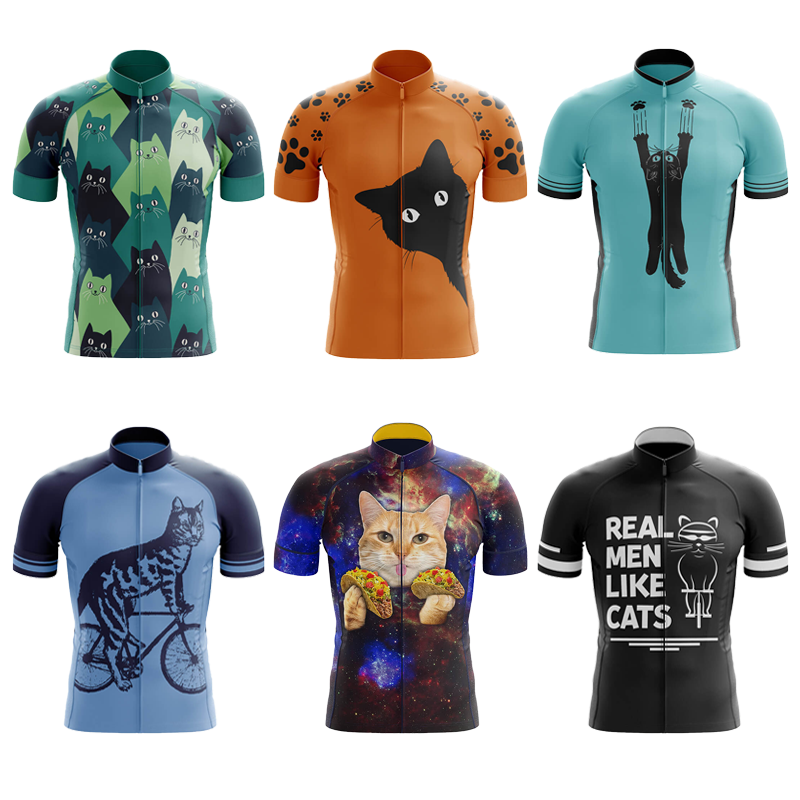 Mountain Biking Cartoon - サイクリングジャージ男性漫画猫バイクトップ MTB 自転車シャツマウンテンロードライディング服半袖夏サイクリングブラウス