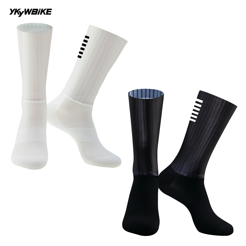 Mountain Biking Socks - ykywブラックホワイト抗スリップシリコーン男性のサイクリングソックス通気性エアロソックス男性自転車スポーツランニングmtbバイクホワイトラインソックス